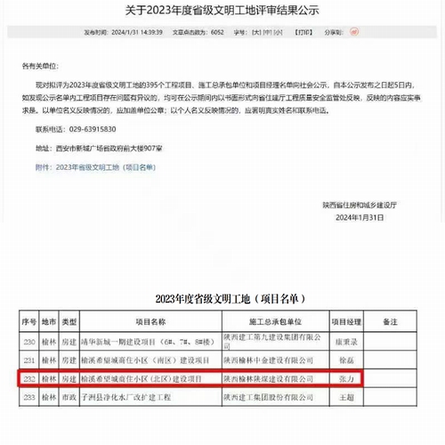 陜煤建設榆林公司承建的榆溪希望城商住小區(北區)建設項目喜獲省級文明工地